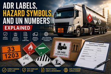 Etichete ADR, simboluri de pericol, plăci portocalii și numere UN utilizate în transportul de mărfuri periculoase în Europa